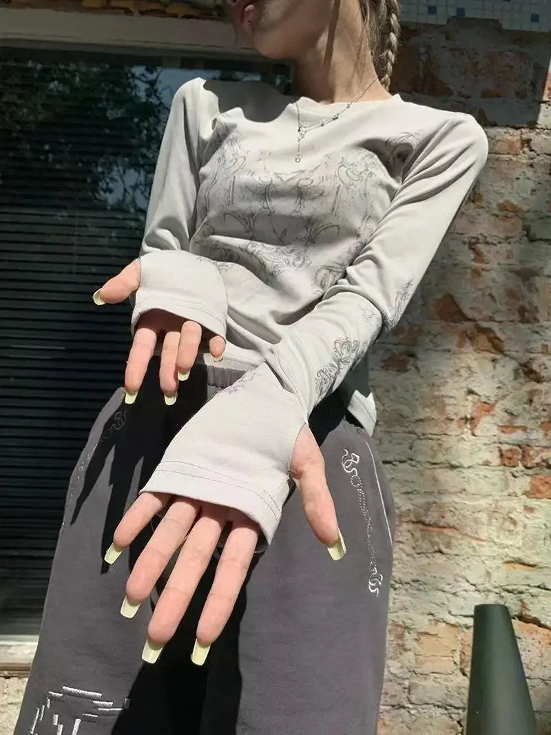 Vintage Women Clothes Y2K T-shirts 2023 Blusas O-neck Long Sleeve Print Tunic Woman Clothing Fashion Casual Crop Tops Shirts