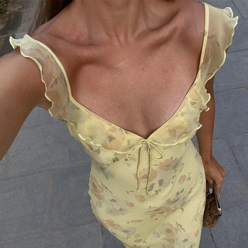 Women's Floral Cami Dress Slim Tie Bow Deep V Neck Backless Ruffle Spaghetti Strap Long Bodycon Dress for Party Club