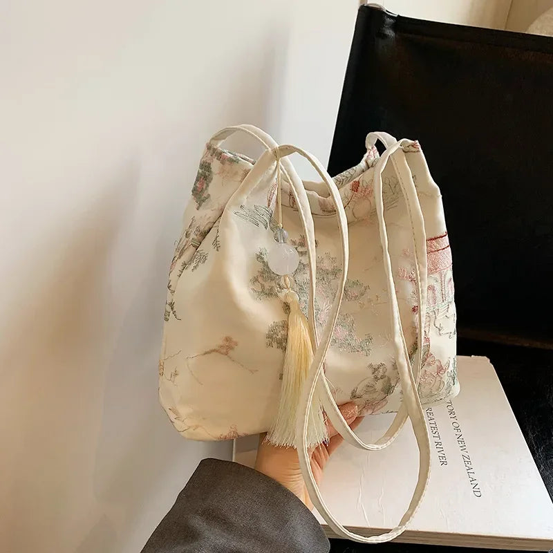 New Chinese Style Retro Bag 2025 New Models Silk Jacquard Fashionable Minimalist Bag Single Shoulder Diagonal Cross Women's Bag
