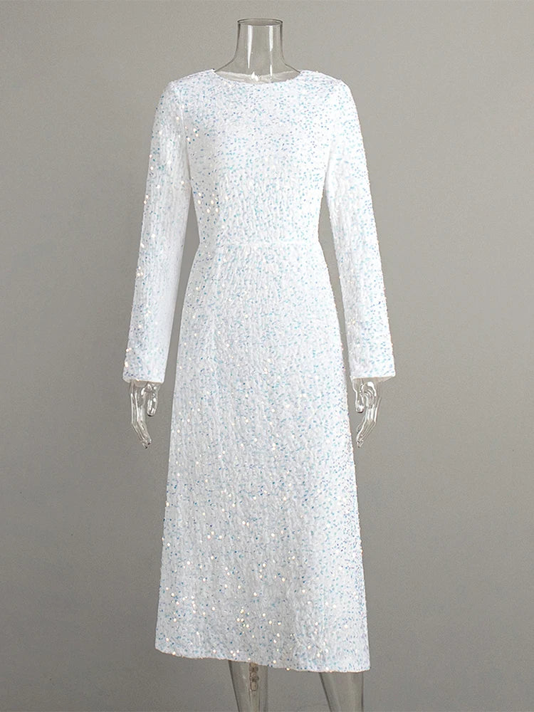 Elegant Sequin Printed Maxi Dresses Women's 2025 Summer Party Gowns Long Sleeve High Waist Slim Round Neck Lady  Evening Dress
