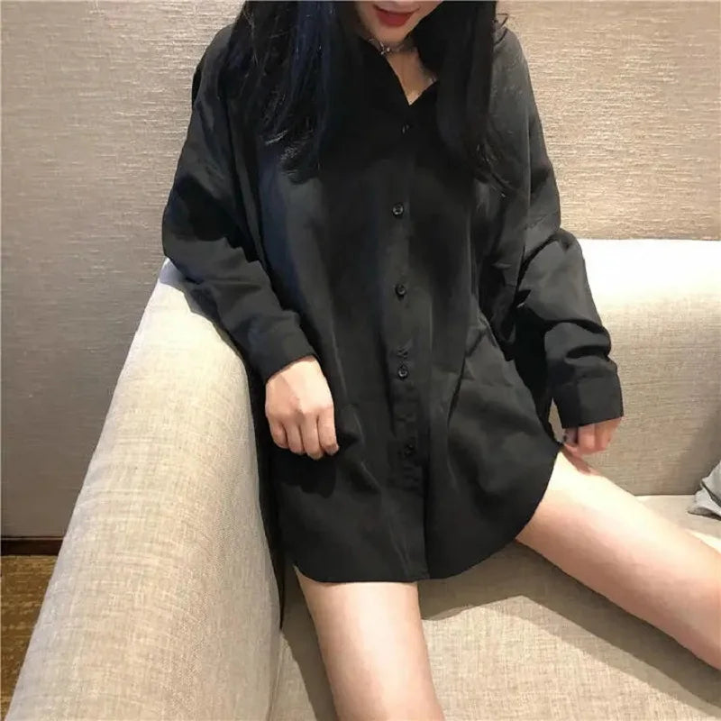 Minimalist Oversize Full Sleeve Women Basic Black Shirt Button Up Blouse  Turn Down Collar BF Long Shirts Autumn Cardigan Tops