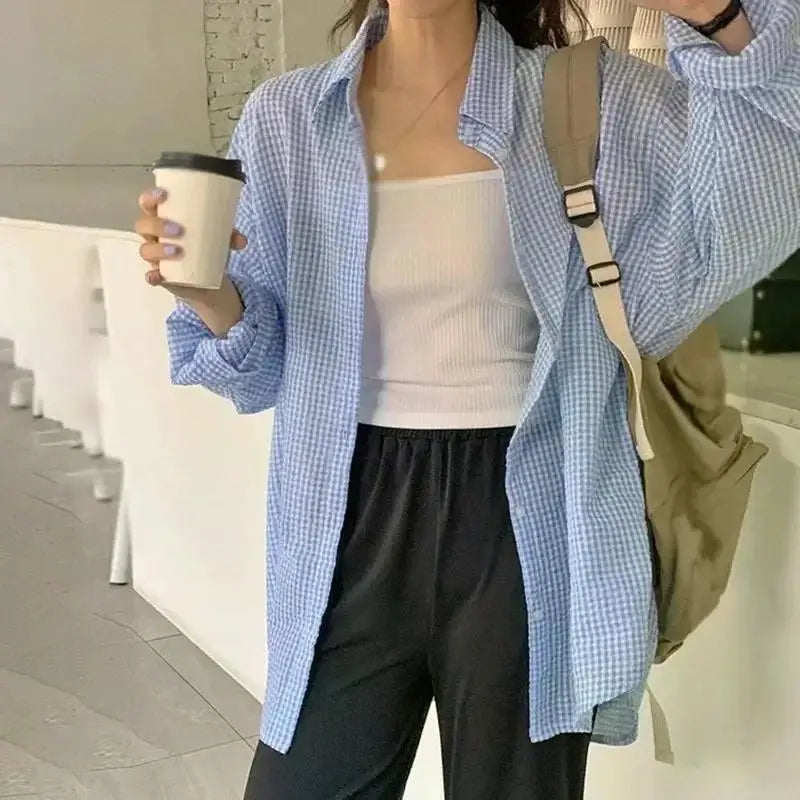 Korean Women's Shirt Sunscreen Long Sleeves Shirt Summer Women's Loose Casual Single Breasted Turndown Collar Plaid
