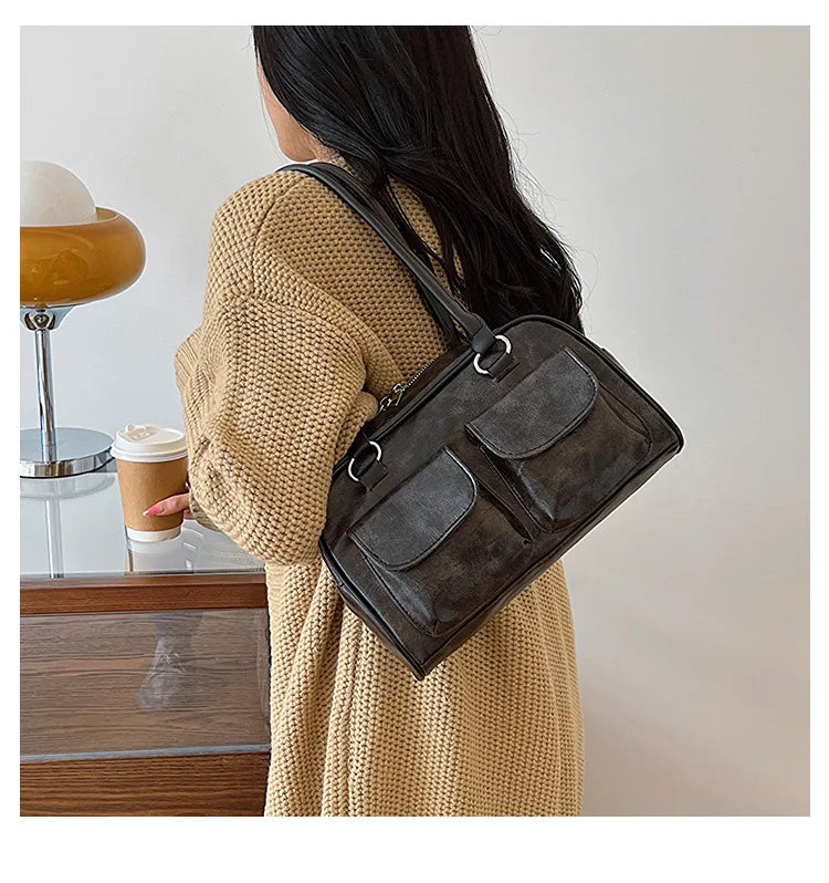 Retro Small Double Pockets Shoulder Bags for Women 2025 New Fashion Trend Designer Underarm Bag Female Handbags and Purses