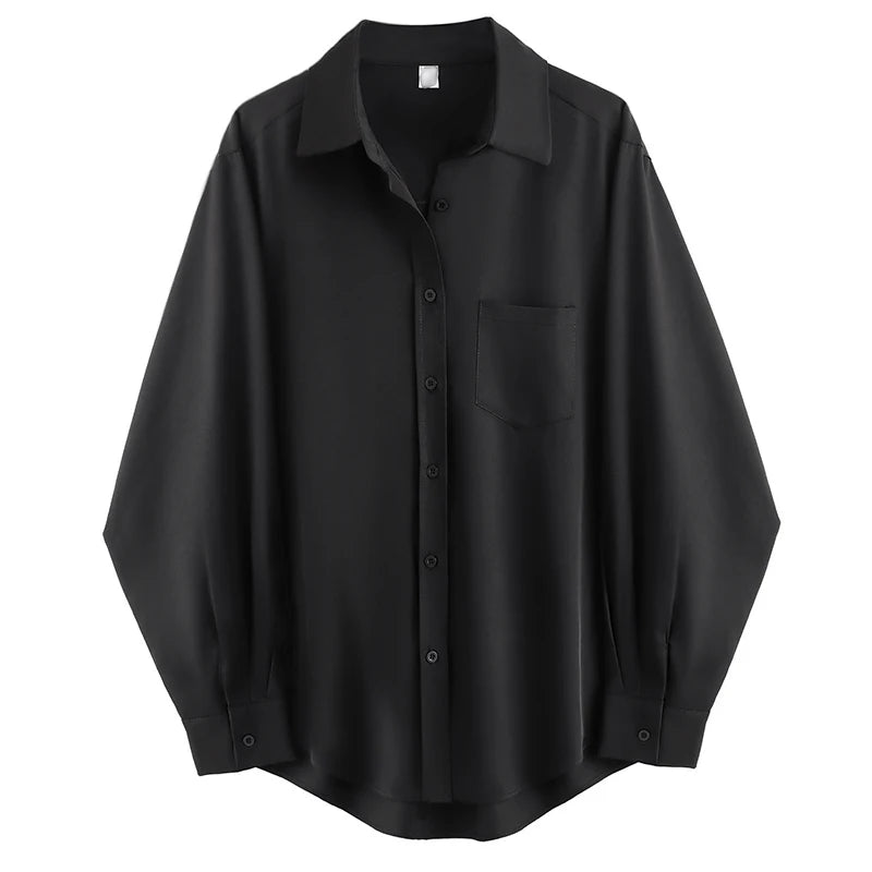 Minimalist Oversize Full Sleeve Women Basic Black Shirt Button Up Blouse  Turn Down Collar BF Long Shirts Autumn Cardigan Tops