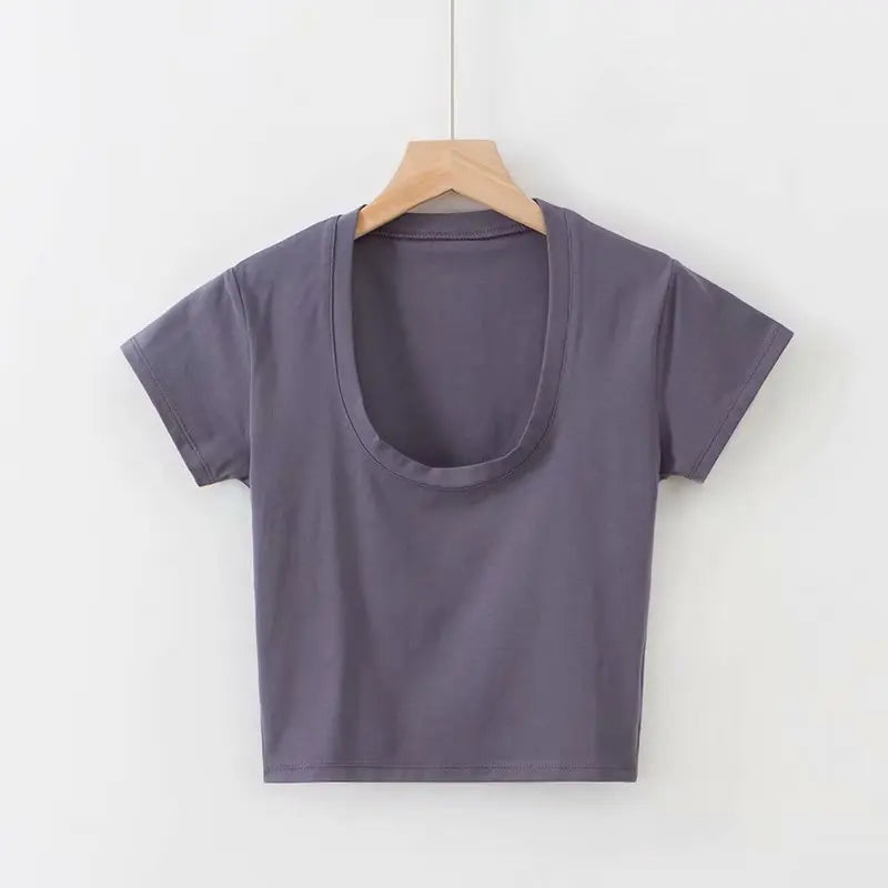 U-Neck Crop Top Solid Color Women Casual High Waist T Shirt Basic Sexy Streetwear Short Sleeve Slimming Tops