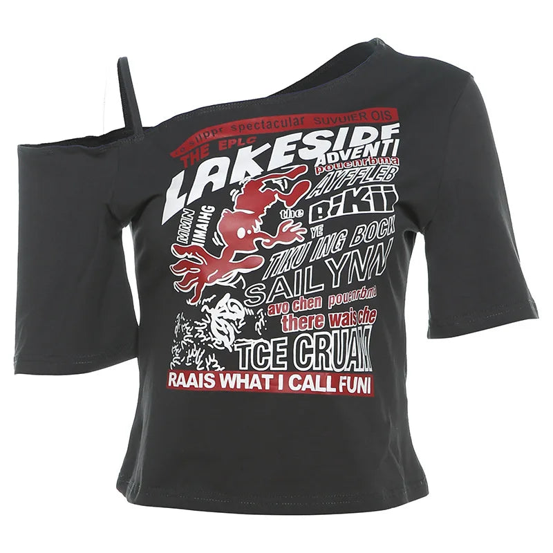 Gothic Tee Y2k Letter Print Off Shoulder Punk T-shirts Women Harajuku Summer Streetwear Grunge T Shirt Aesthetic Sexy Crop Tops