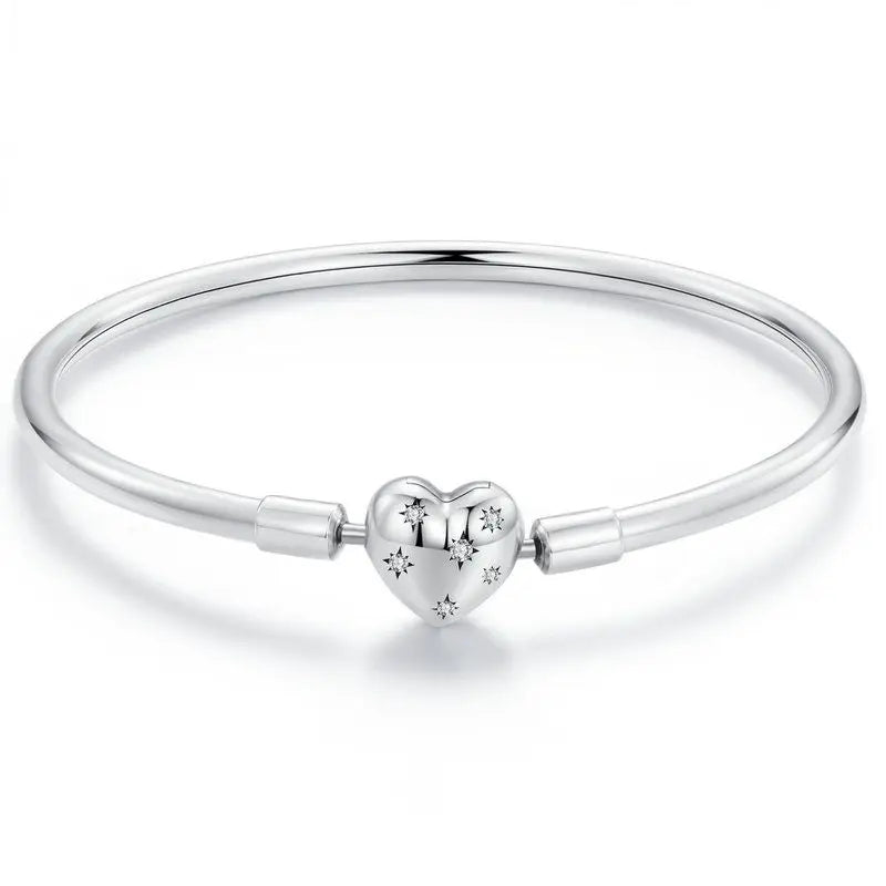 BAMOER Genuine 925 Sterling Silver Charm Glossy Bracelet Heart/Shell Clasp Basic Bangle Star Spacer Beads for Women DIY Jewelry