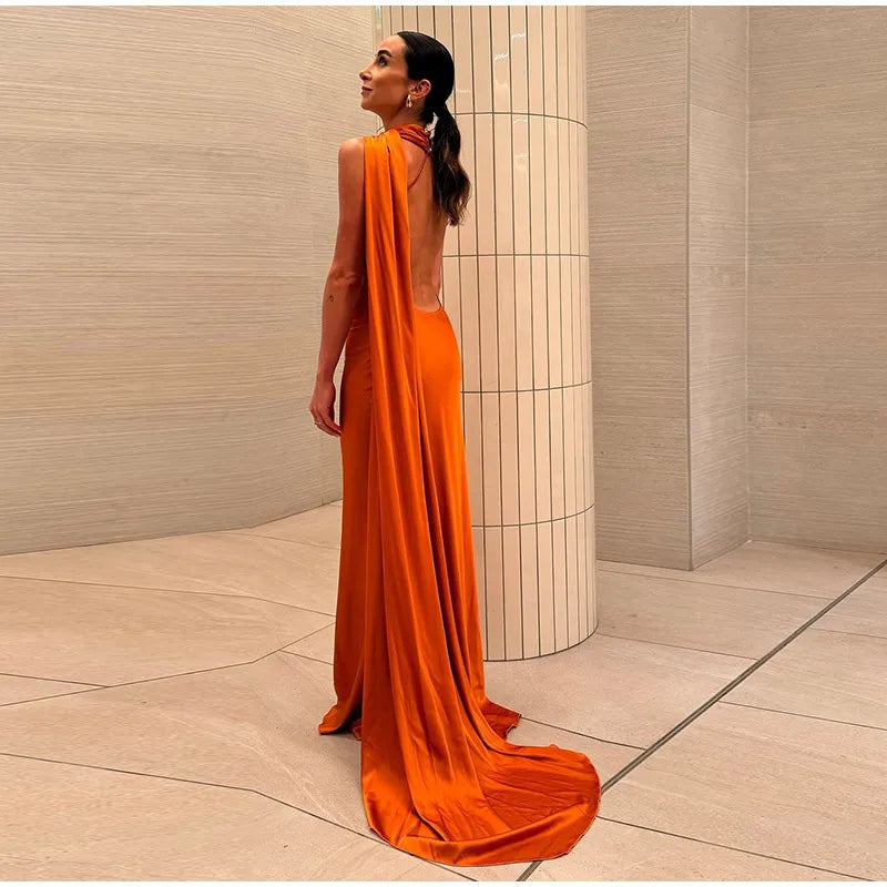 Elegant Solid Ribbon Women Halter Dress Off Shoulder Sleeveless Backless Slim Female Maxi Dresses 2025 Summer New Chic Lady Robe