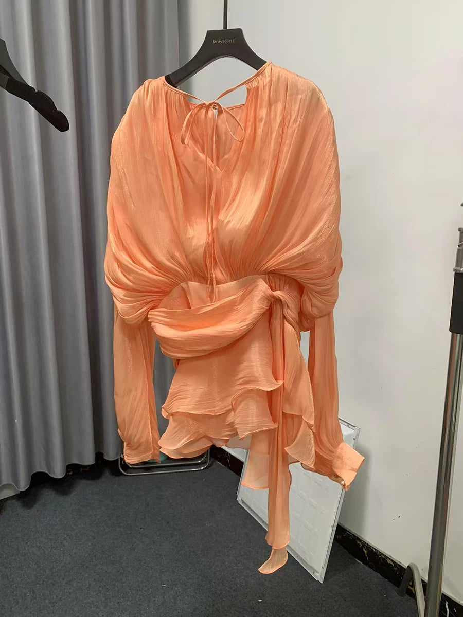 TWOTWINSTYLE Elegant Ruched Mini Dress For Women Round Neck Lantern Long Sleeve High Waist Temperament Dresses Female Fashion