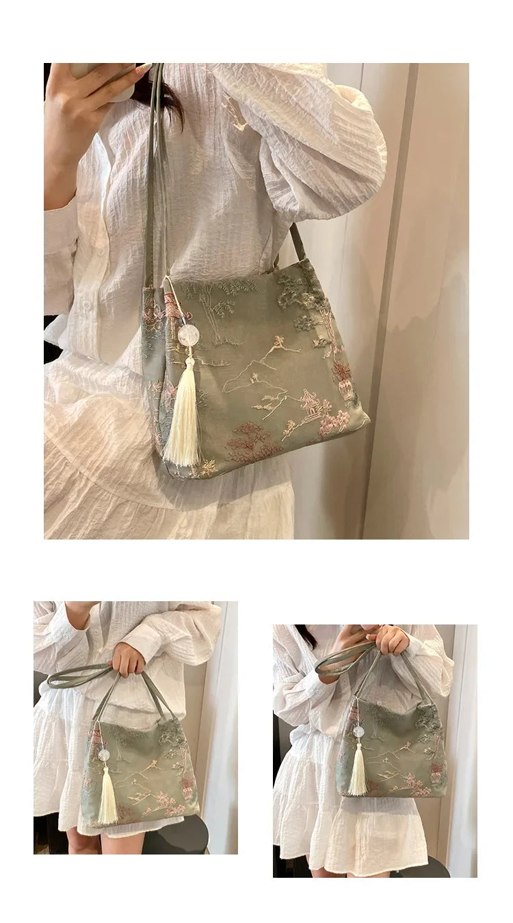 New Chinese Style Retro Bag 2025 New Models Silk Jacquard Fashionable Minimalist Bag Single Shoulder Diagonal Cross Women's Bag