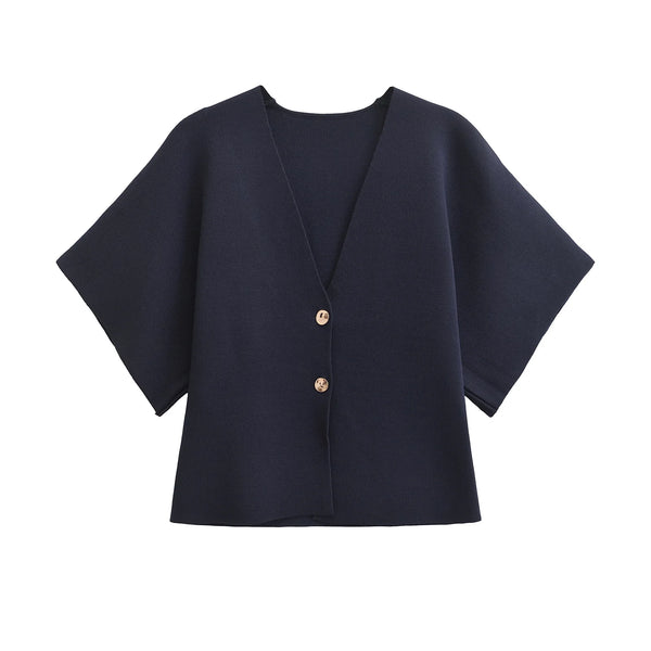 2024 European and American style autumn new women's fashion simple style casual plain needle short sleeve V neck knitted top