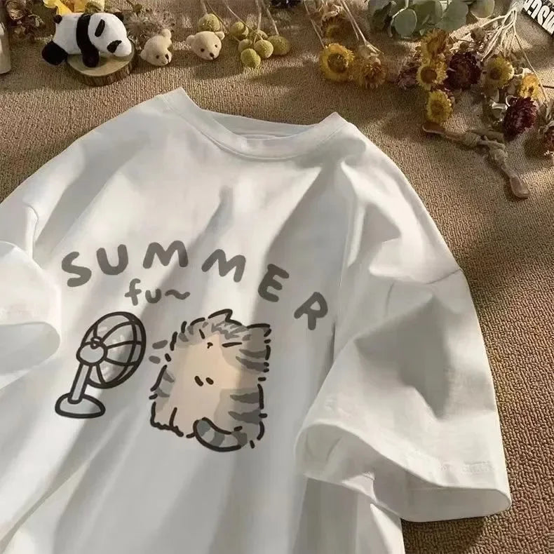 Fan Cat and Women Pure T-shirt for Men American Street Creative Blow Summer Relaxed Short Sleeve Couple Wear INS Top