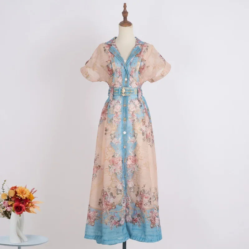 Real Shot Design Sense Positioning Print Single-Breasted Elegant Shirt A-Line Pocket Dress with Belt + Strap
