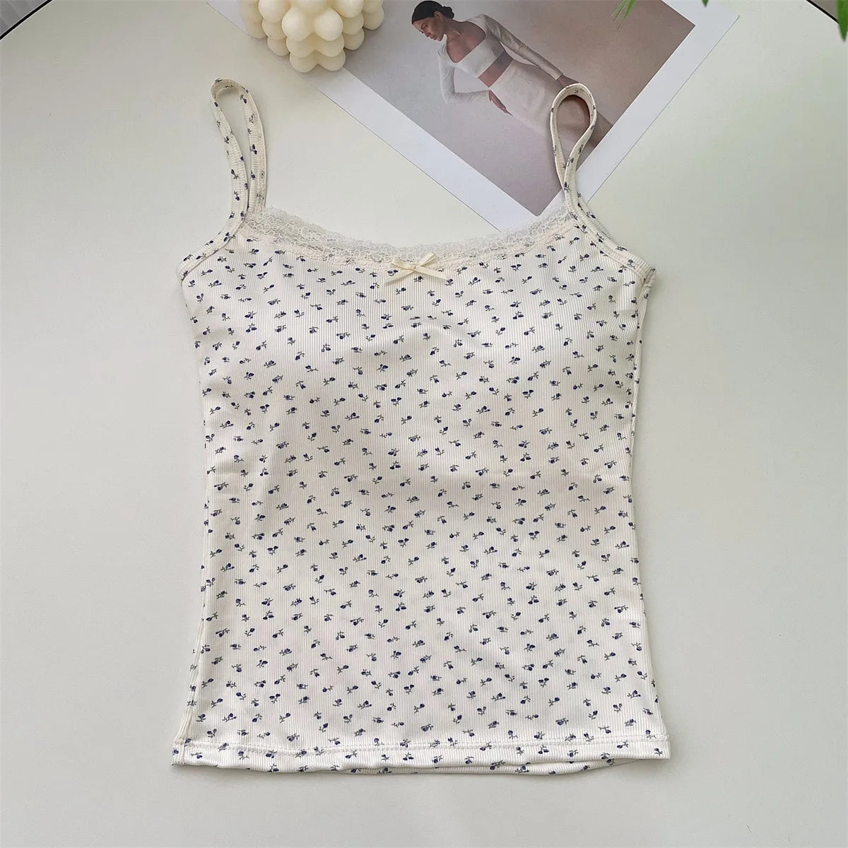 Summer Print Crop Tops for Women Bow Lace Camisole Sexy Backless Vest with Padded Basic Tank Top Bm Style Camis Y2k Streetwear