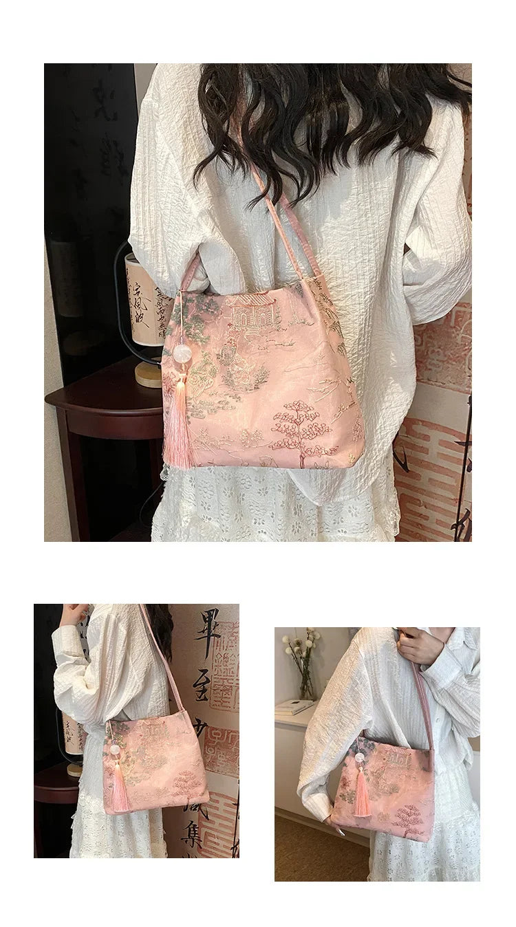 New Chinese Style Retro Bag 2025 New Models Silk Jacquard Fashionable Minimalist Bag Single Shoulder Diagonal Cross Women's Bag