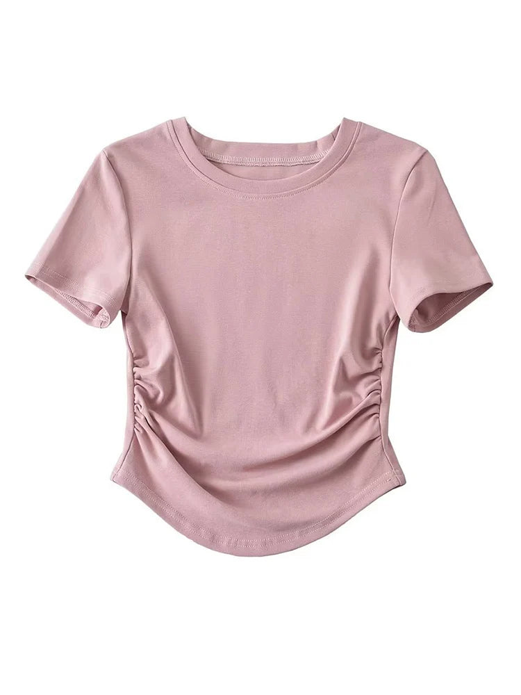 2024 Harajuku Women Crew Neck Short Sleeve Cotton Tee With Ruched Sides Detail T-shirts