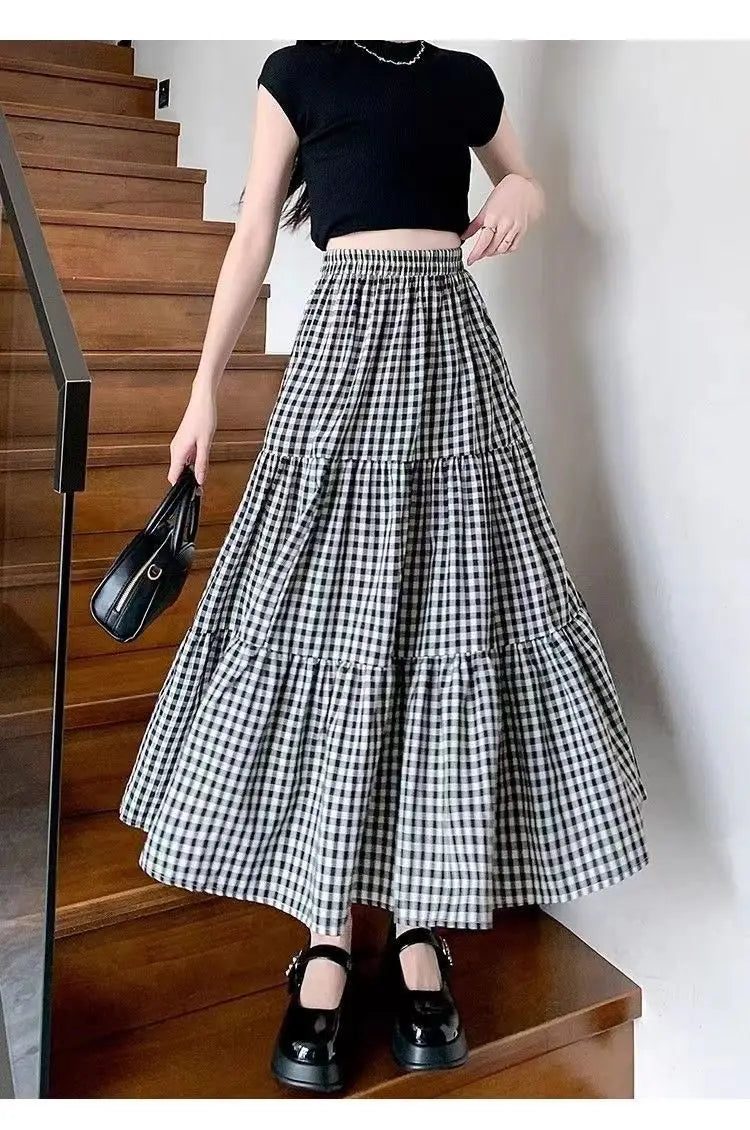 Patchwork Tiered Skirt Women 2025 Summer Vintage Checkered High Waisted Elastic Waist Slimming Midi Skir