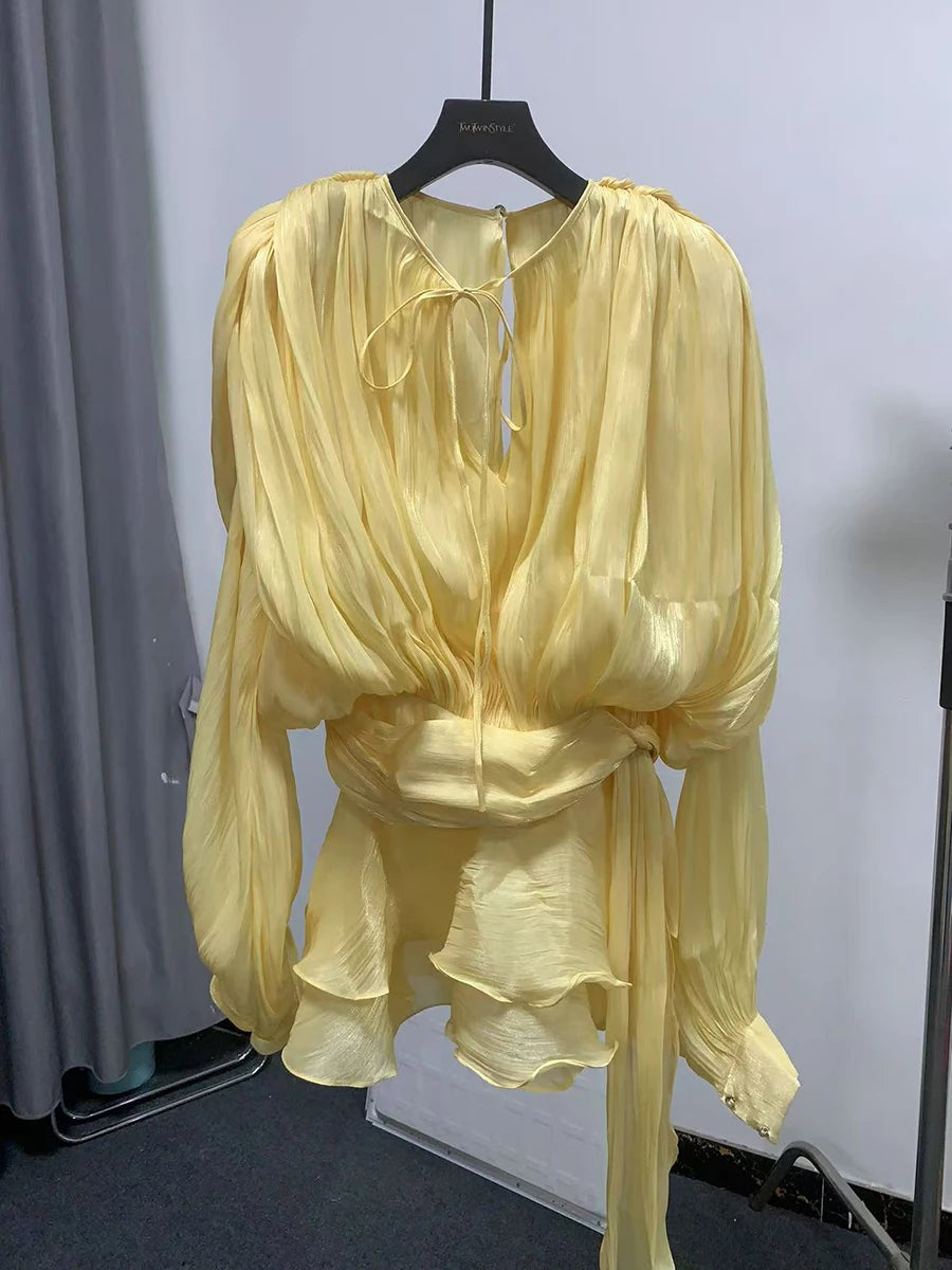 TWOTWINSTYLE Elegant Ruched Mini Dress For Women Round Neck Lantern Long Sleeve High Waist Temperament Dresses Female Fashion