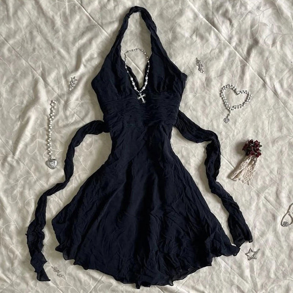 Gothic Harajuku Vintage Y2K Women's Dress Sexy Slim Chic Casual Lace-up Design Halter Neck Dresses Punk Rock Emo Girl Streetwear
