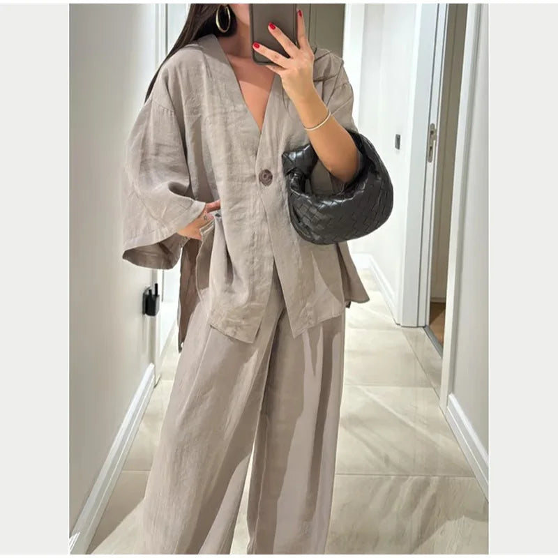 Women Classic Solid Wide Leg Pants Suits Summer Fashion V-neck One Button Loose Blouse Sets Casual Female Daily Streetwear 2025