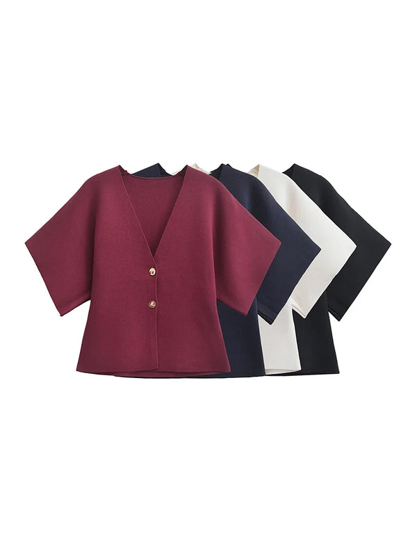 2024 European and American style autumn new women's fashion simple style casual plain needle short sleeve V neck knitted top