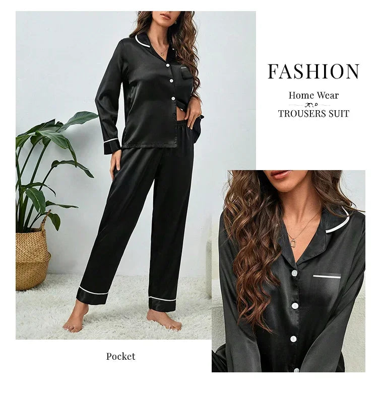 Plus Size Autumn and Winter Silk Pajamas Women Tops and Pants Solid Casual Soft Nightwear Buttons Cardigan Sleepwear Homewear