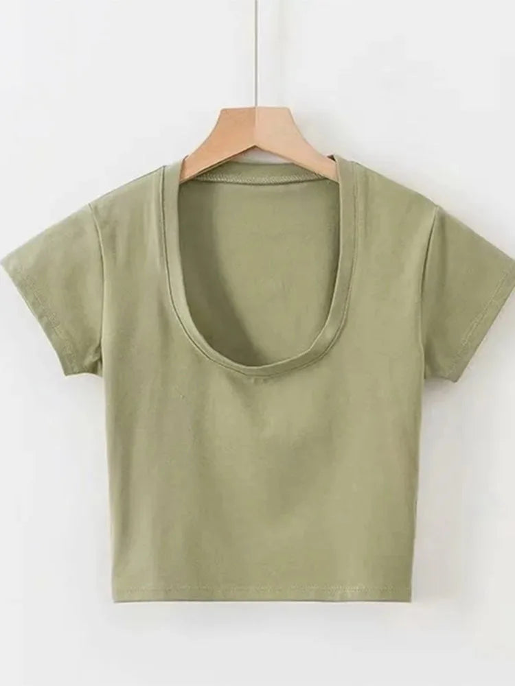 U-Neck Crop Top Solid Color Women Casual High Waist T Shirt Basic Sexy Streetwear Short Sleeve Slimming