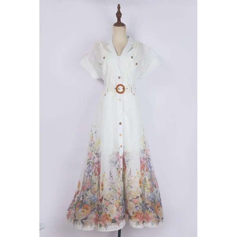 Real Shot Design Sense Positioning Print Single-Breasted Elegant Shirt A-Line Pocket Dress with Belt + Strap