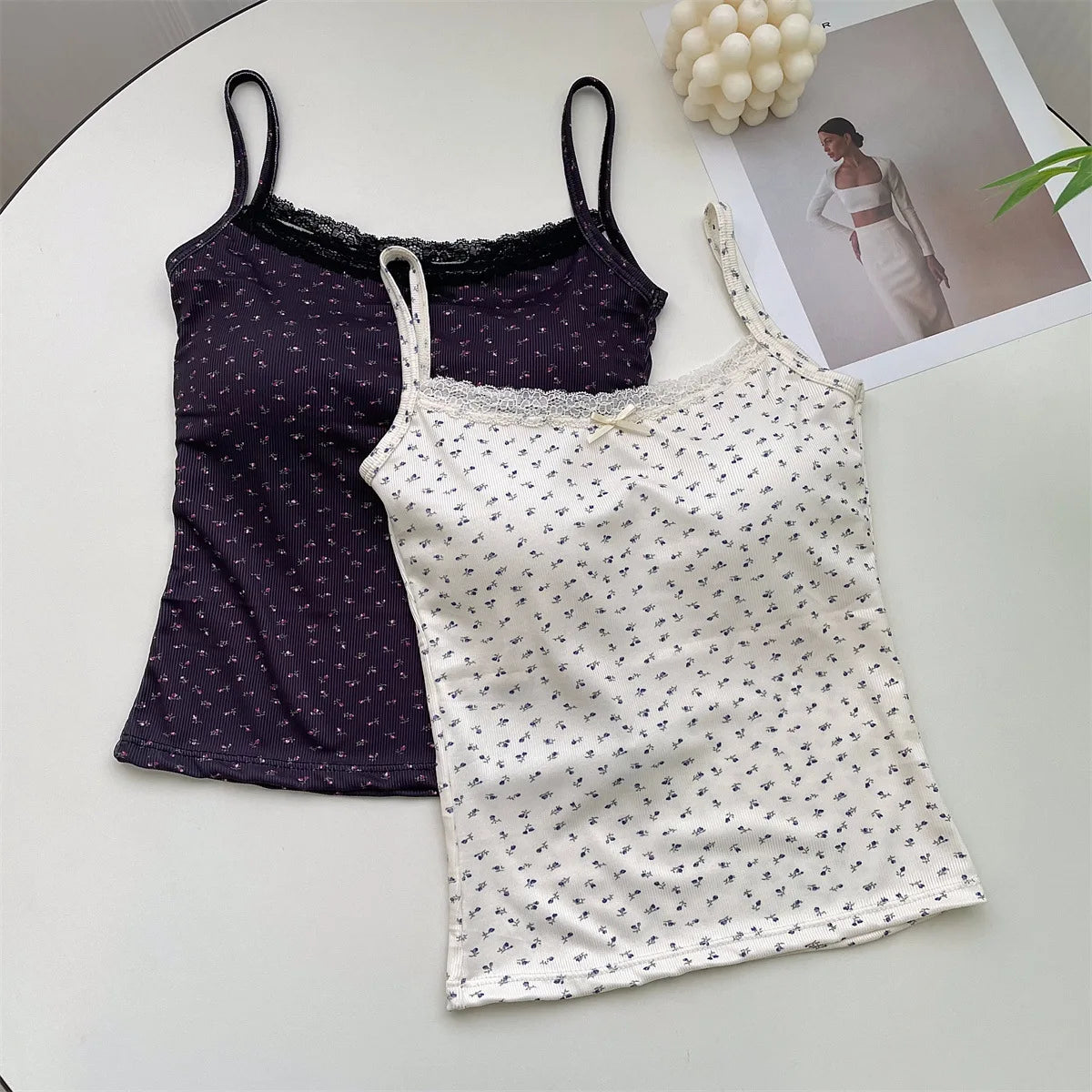 Summer Print Crop Tops for Women Bow Lace Camisole Sexy Backless Vest with Padded Basic Tank Top Bm Style Camis Y2k Streetwear