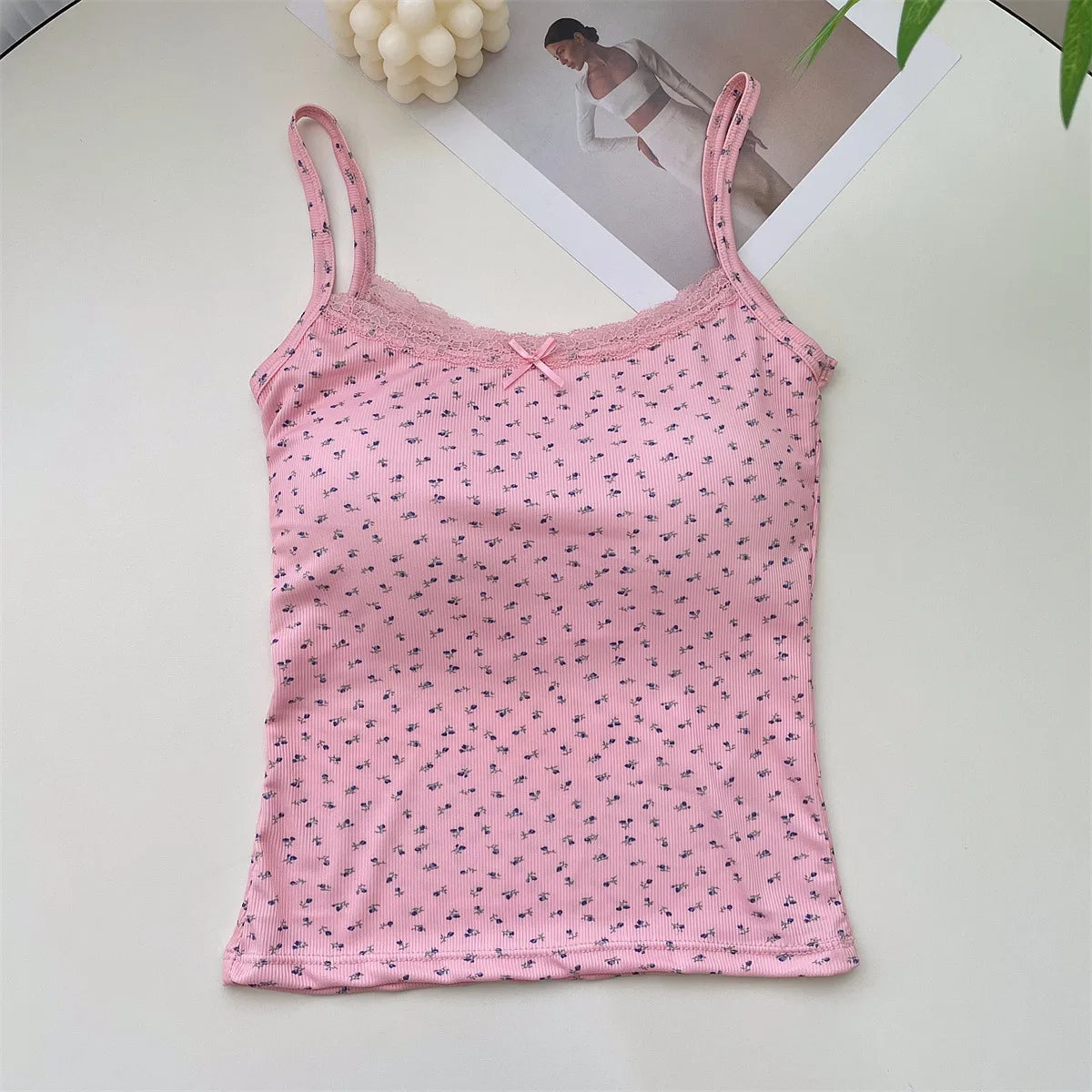 Summer Print Crop Tops for Women Bow Lace Camisole Sexy Backless Vest with Padded Basic Tank Top Bm Style Camis Y2k Streetwear