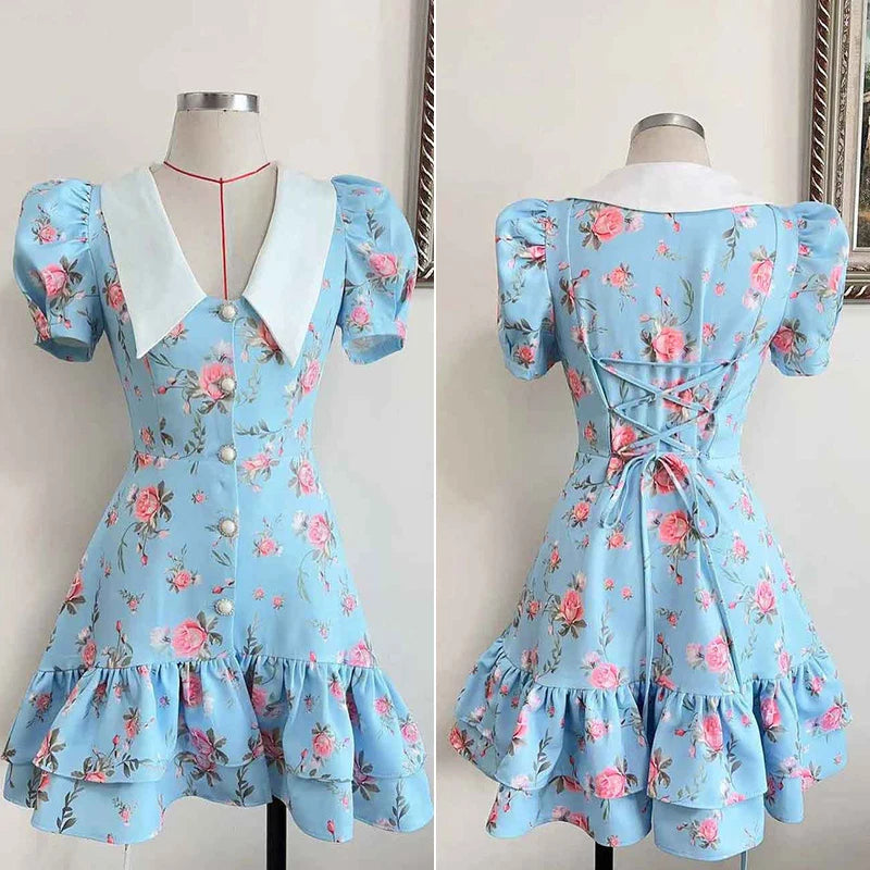 Tornova Print Puff Sleeves Ruffled Dress Women's V-Neck High Waist Pearl Buttons Mini Dress Female Casual Vacation Fashion Dress