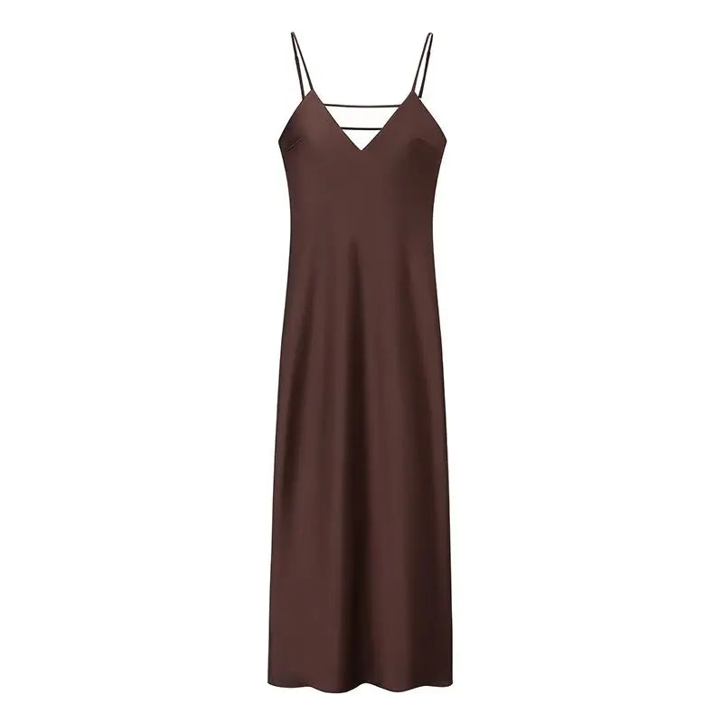 TRAFZA Women Summer Yellow Stain V Neck Sling Dress Elegant Sleeveless Loose Maxi Robes 2025 New Ladies Party Holiday Dresses