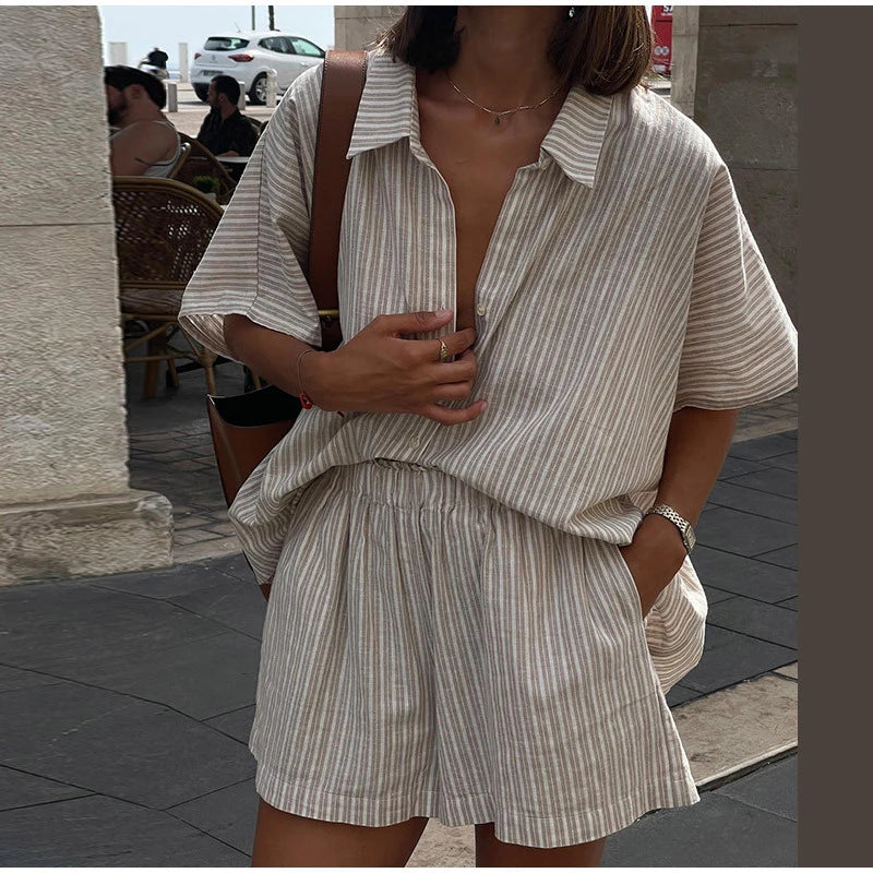 Women Elegant Stripes Cotton Linen Loose Shirt Shorts Suits Fashion Lapel Half Sleeves Elastic Waisted Shorts Summer Lady Outfit