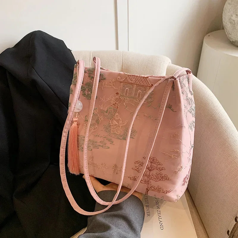New Chinese Style Retro Bag 2025 New Models Silk Jacquard Fashionable Minimalist Bag Single Shoulder Diagonal Cross Women's Bag