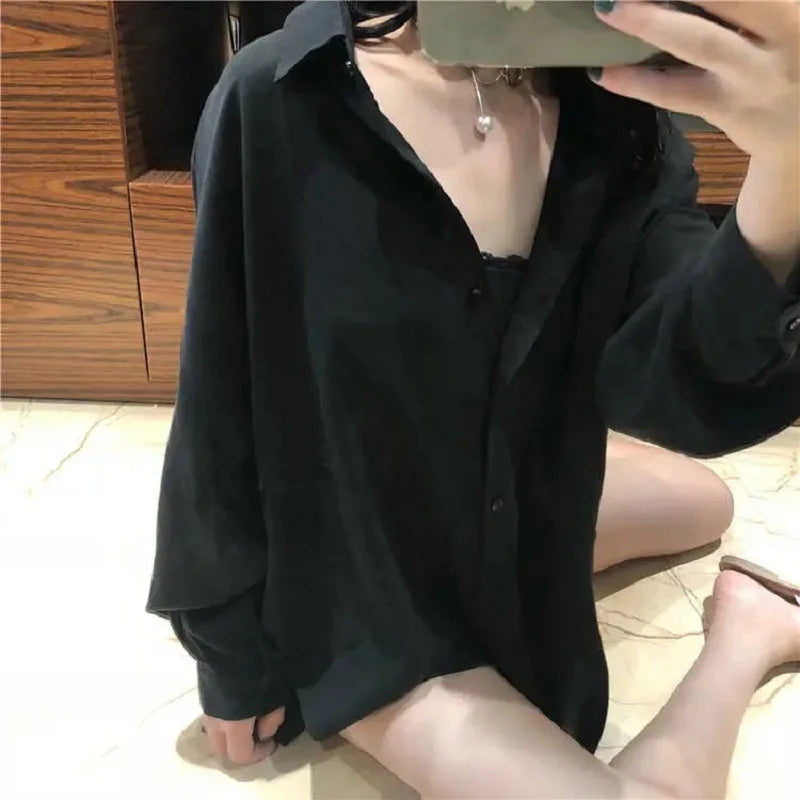 Minimalist Oversize Full Sleeve Women Basic Black Shirt Button Up Blouse  Turn Down Collar BF Long Shirts Autumn Cardigan Tops