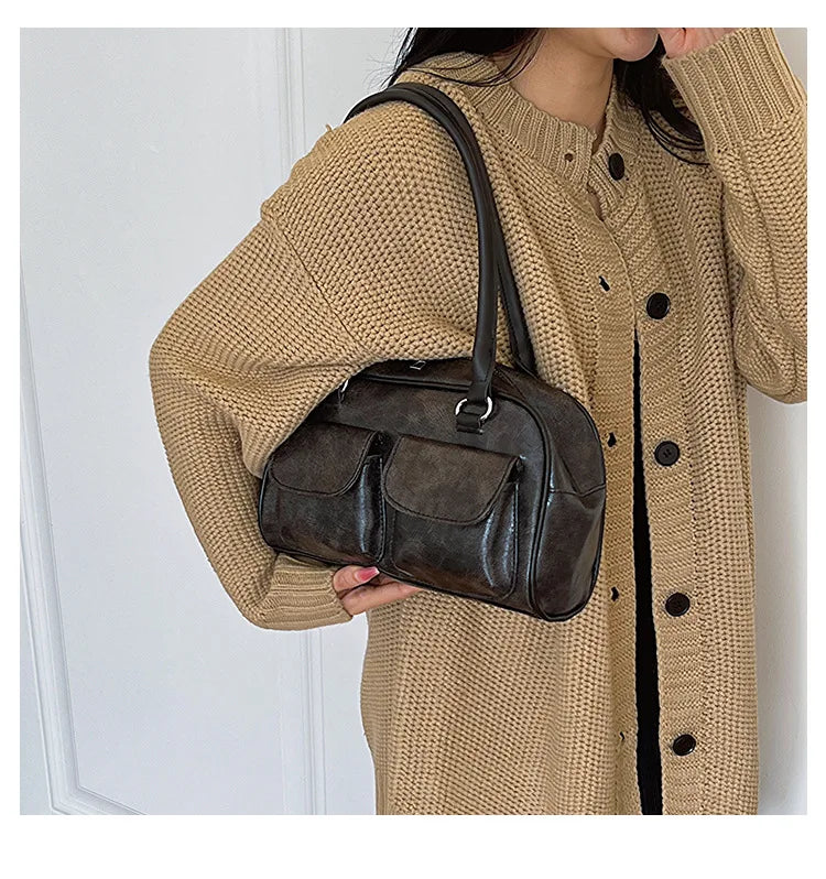 Retro Small Double Pockets Shoulder Bags for Women 2025 New Fashion Trend Designer Underarm Bag Female Handbags and Purses