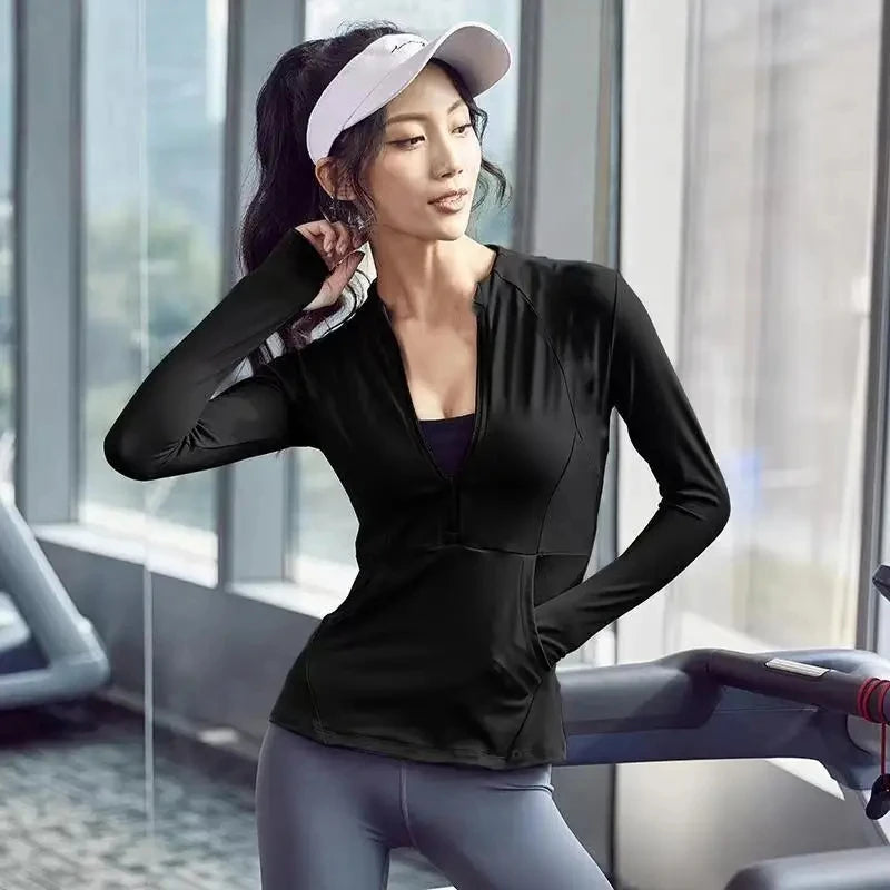 Women's Thumb Jackets 2024 New Long Sleeve Running Coat Yoga Gym Fitness Tight Tops Quick-Dry Breathable Sports Jacket Women