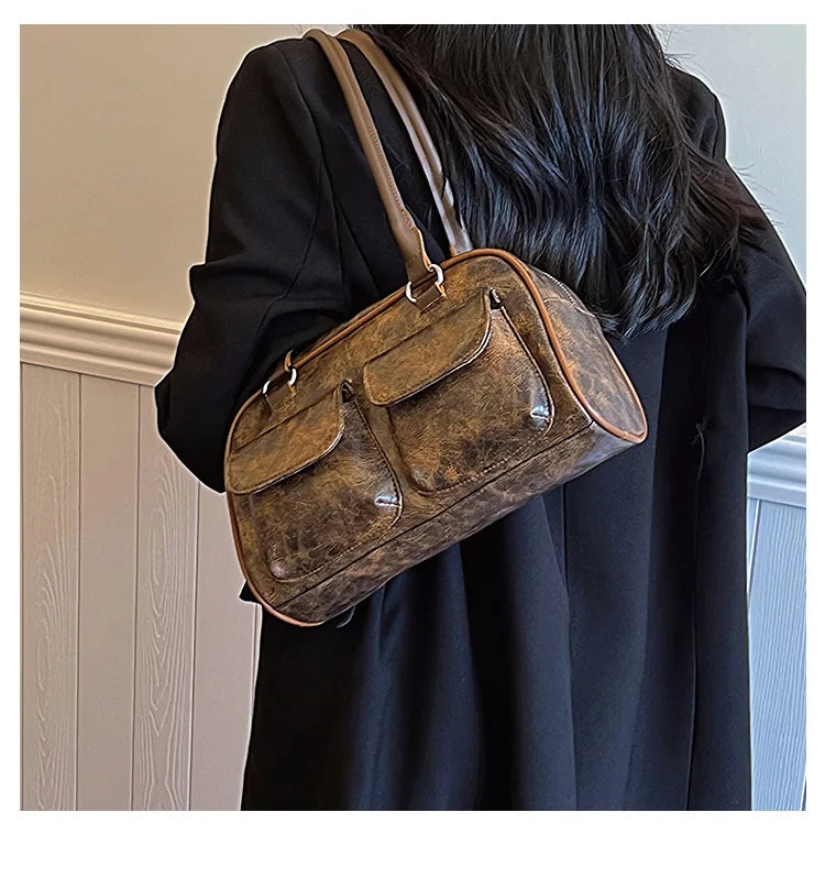 Retro Small Double Pockets Shoulder Bags for Women 2025 New Fashion Trend Designer Underarm Bag Female Handbags and Purses