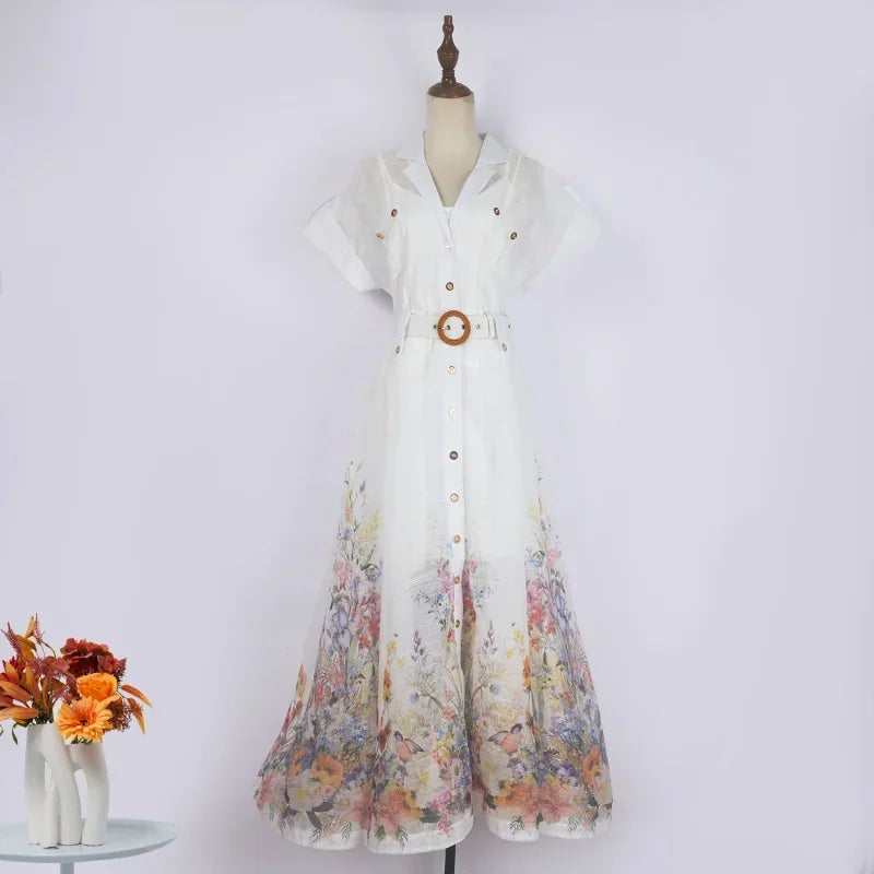 Real Shot Design Sense Positioning Print Single-Breasted Elegant Shirt A-Line Pocket Dress with Belt + Strap