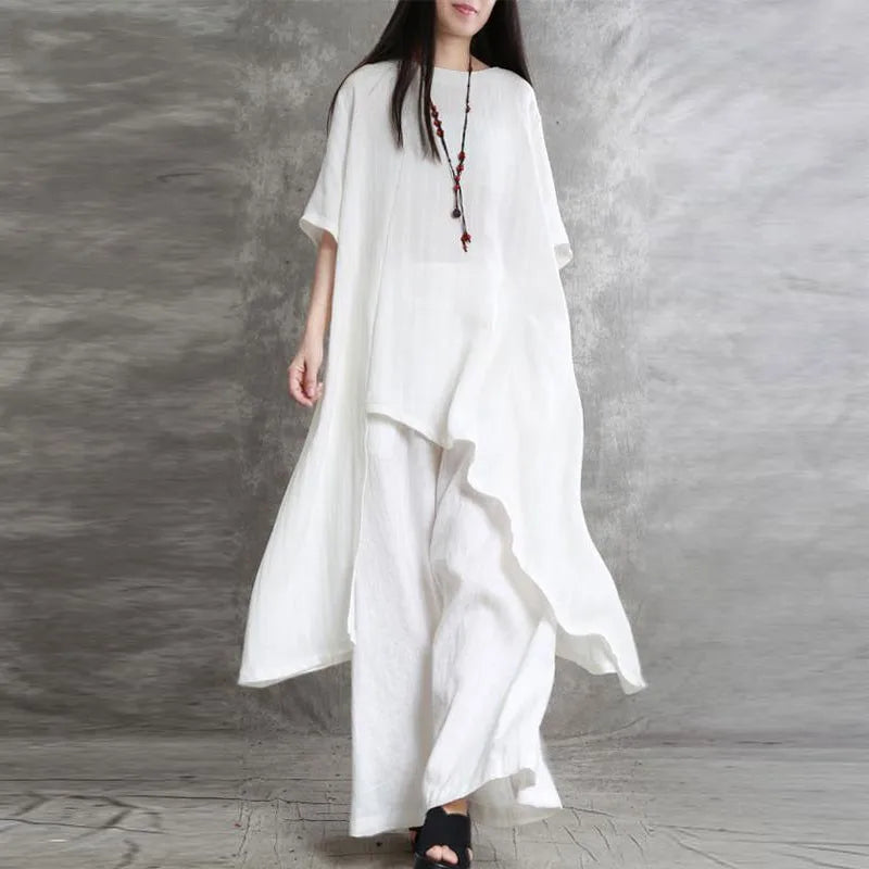 Women Cotton Linen Pant Sets 2 Pieces Casual Half Sleeve Solid Loose Blouse&High Elastic Waist Wide Leg Full Trousers Suits