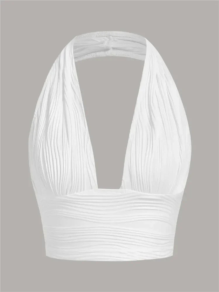 Solid White Backless Crop Halter Top Women Summer Y2K Club Grunge Clothes Deep V-neck Backless Sleeveless Tank Top Streetwear