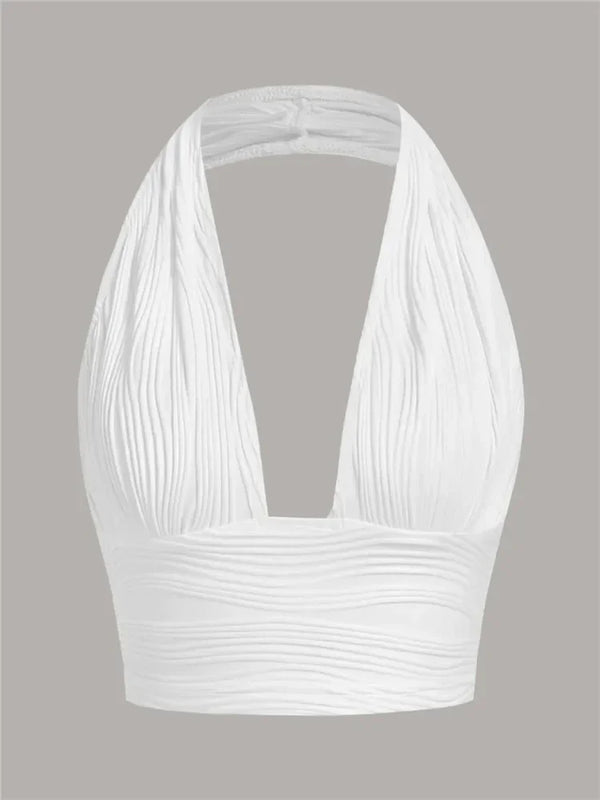 Solid White Backless Crop Halter Top Women Summer Y2K Club Grunge Clothes Deep V-neck Backless Sleeveless Tank Top Streetwear