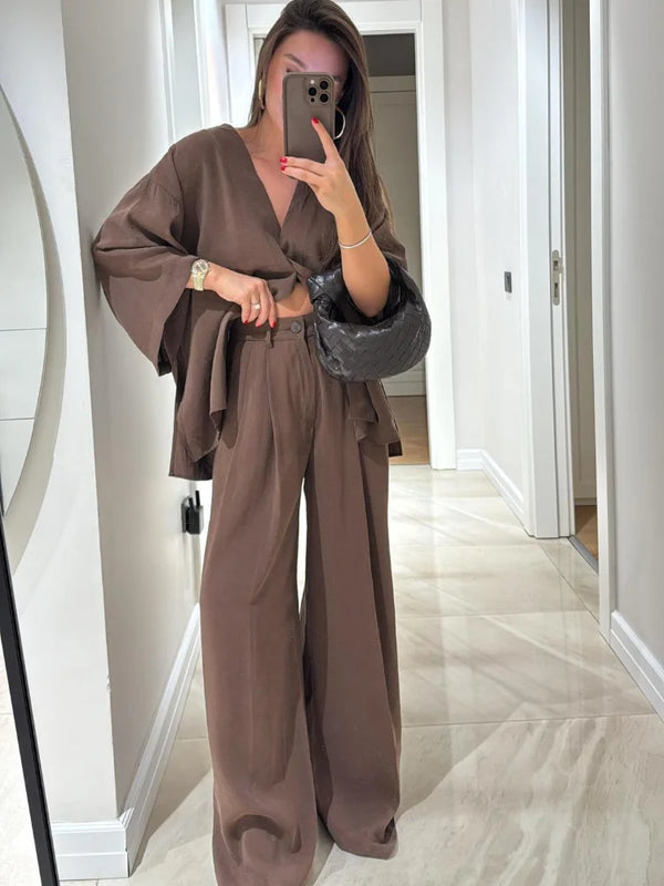 Women Classic Solid Wide Leg Pants Suits Summer Fashion V-neck One Button Loose Blouse Sets Casual Female Daily Streetwear 2025