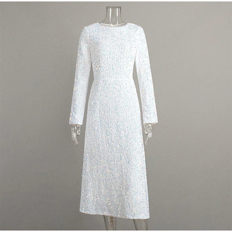 Elegant Sequin Printed Maxi Dresses Women's 2025 Summer Party Gowns Long Sleeve High Waist Slim Round Neck Lady  Evening Dress