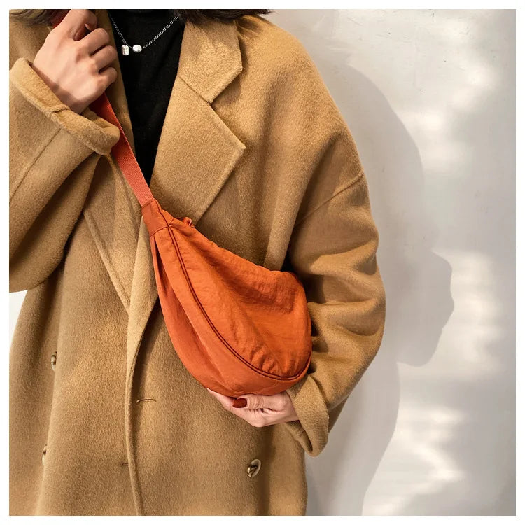 Solid Color Women's Portable Shoulder Bag Simple Female Nylon Cloth Padded Crossbody Bags Travel Purse Handbags Messenger Bag