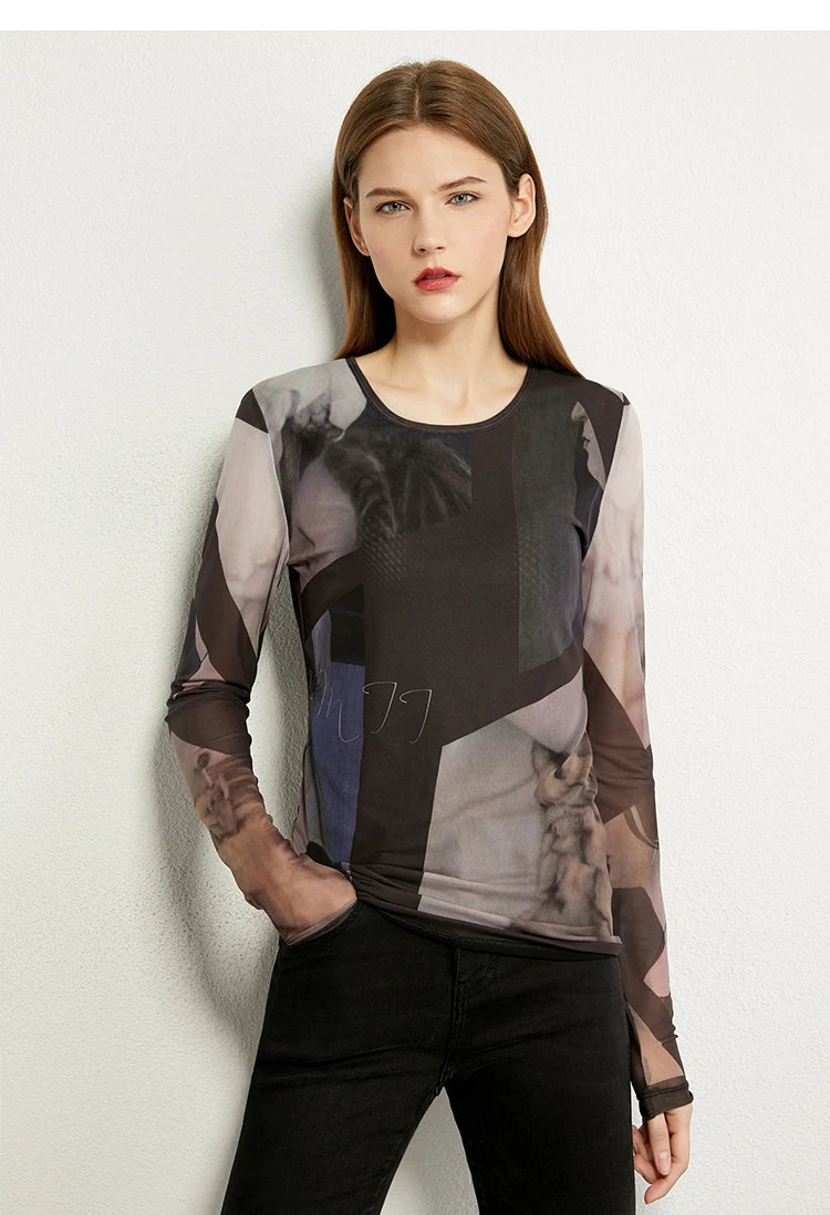 AMII Minimalism Long sleeve T-shirts for Women 2025 Spring New Bottoming Shirt Mesh Printing Inside Slim Trendy Tops 12421003