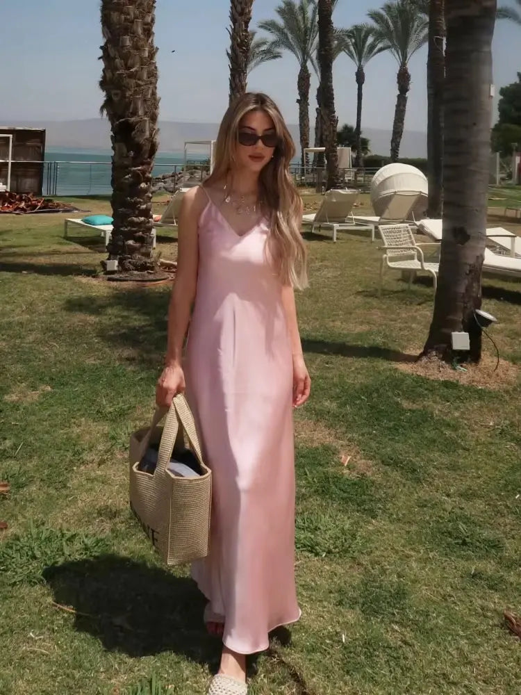 TRAFZA Women Summer Yellow Stain V Neck Sling Dress Elegant Sleeveless Loose Maxi Robes 2025 New Ladies Party Holiday Dresses