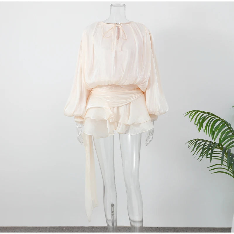 Fashion Women's Ruffles Short Dress Elegant Round Neck Lace Up Lantern Long Sleeve Mini Vestido Chic Female 2025 Solid Dresses