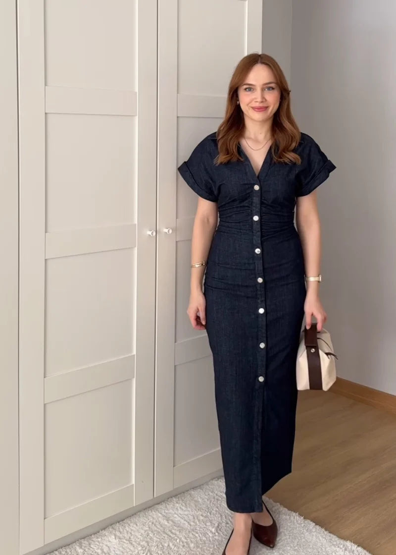 ETJ 2025 traf Spring New 1975 series denim MIDI dress with lapel side zipper fashion wrinkle waist slim elegant dress