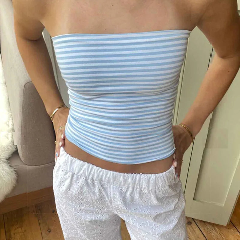 Women Cropped Tube Tops Strapless Off Shoulder Backless Short Tank Summer Party Club Striped/Solid Mini Vest 2024 New